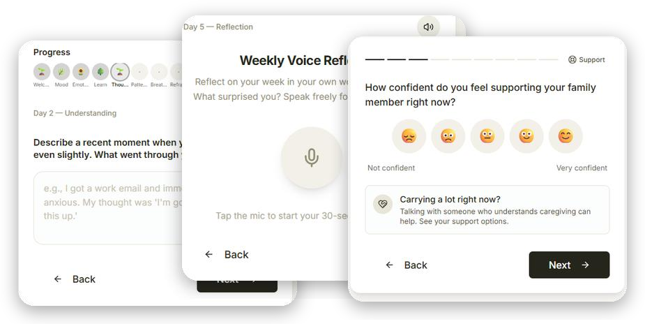 Nudge client screens: a reflection prompt, a voice reflection and a caregiver confidence check